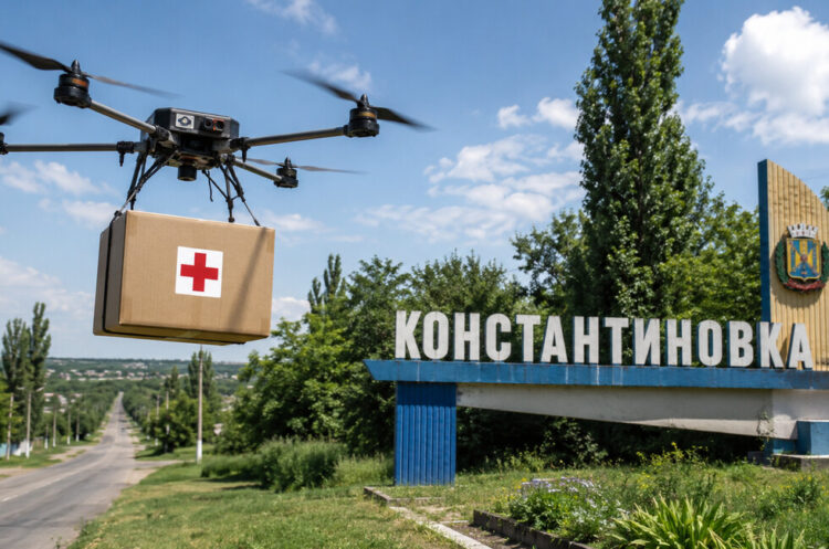 Снаряды ещё рвались где-то на окраинах, а дроны уже шли над Константиновкой. Только не с боевой нагрузкой — с хлебом, водой и лекарствами.